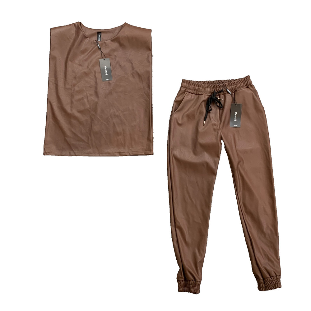 Venti6 Top Pants Set Women M Medium Cognac Shoulder Pads Faux Leather Jogger 2PC